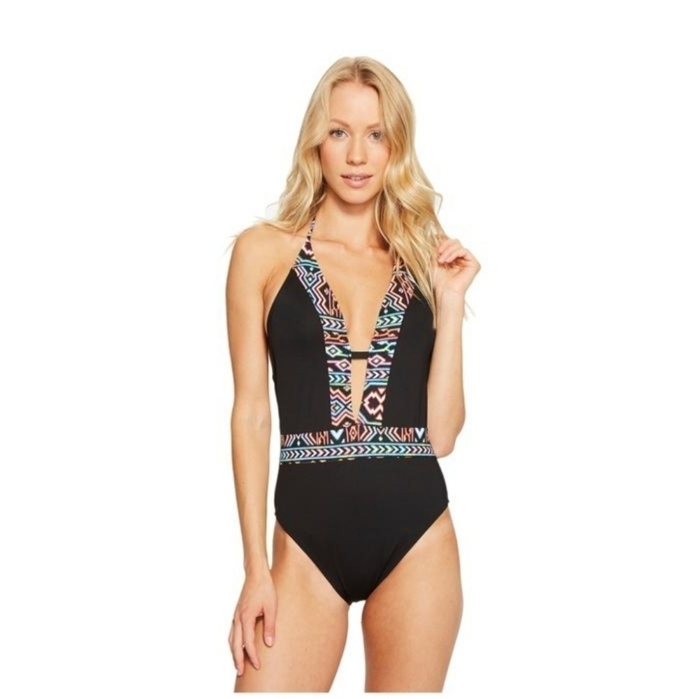 La Blanca La Aztec Plunge Halter One Piece Swimsuit Western Boho Resortwear